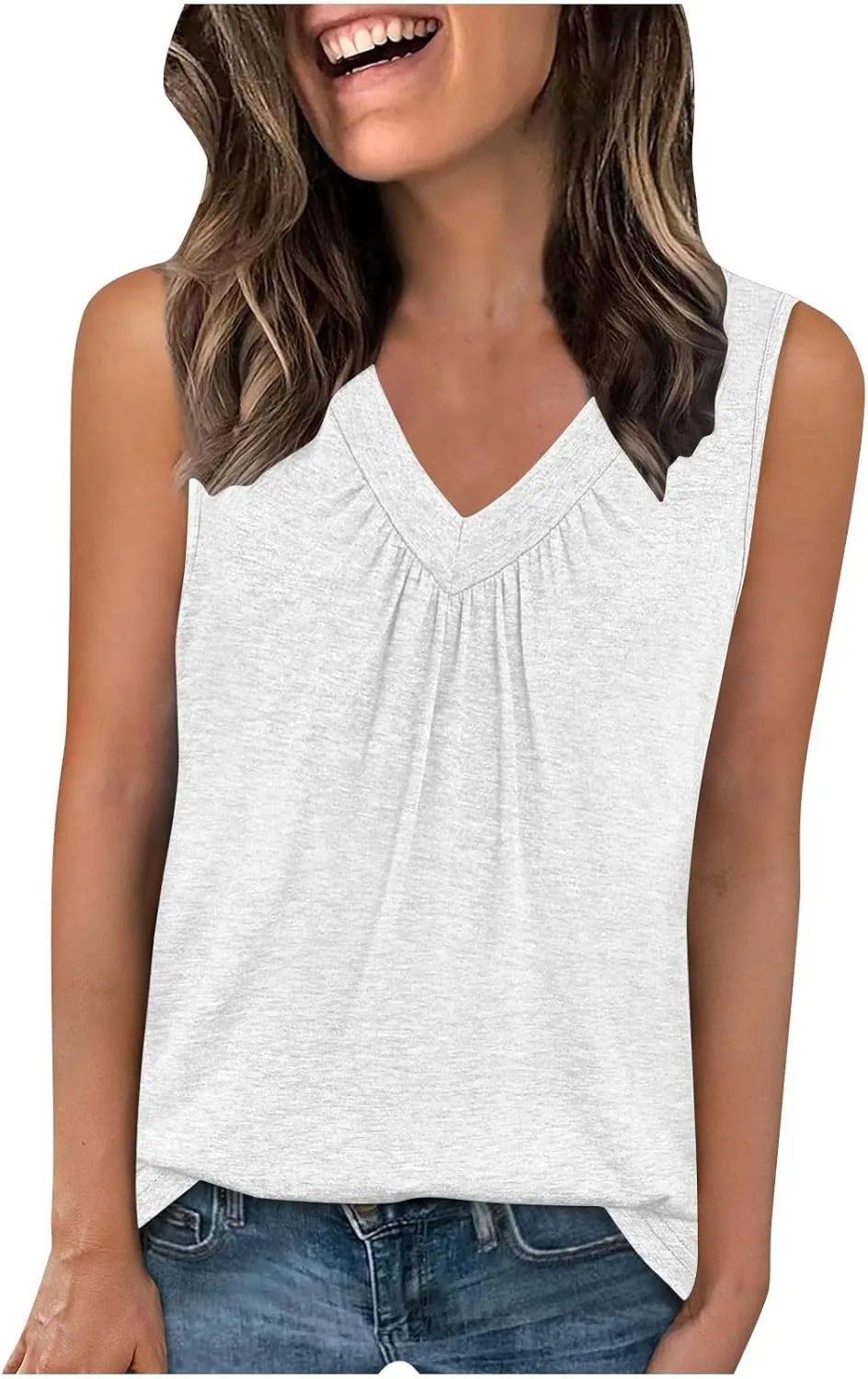 Summer Tank Top for Women Loose Sleeveless Shirts V Neck Pleated Front Ruched Tunic Basic Layer Tees with Curved Hem