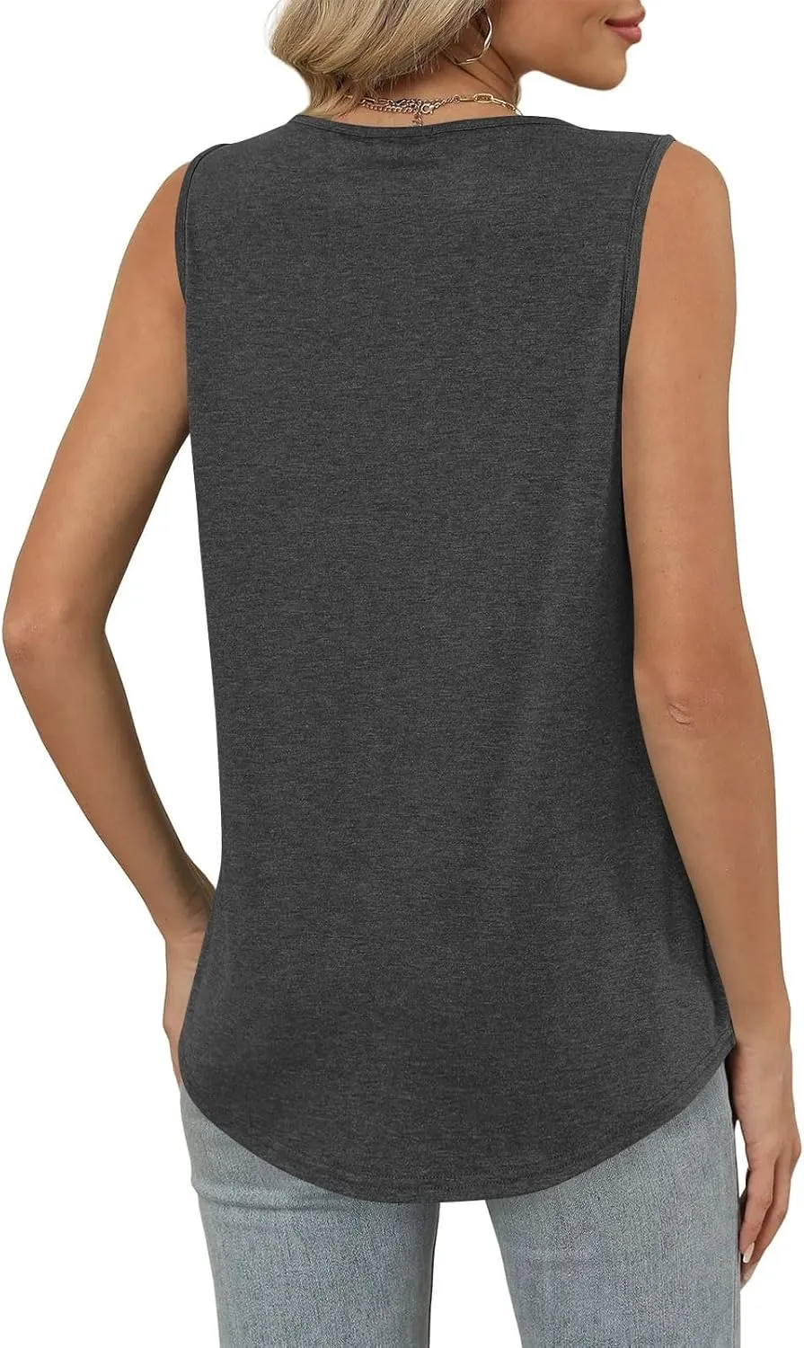 Summer Tank Top for Women Loose Sleeveless Shirts V Neck Pleated Front Ruched Tunic Basic Layer Tees with Curved Hem