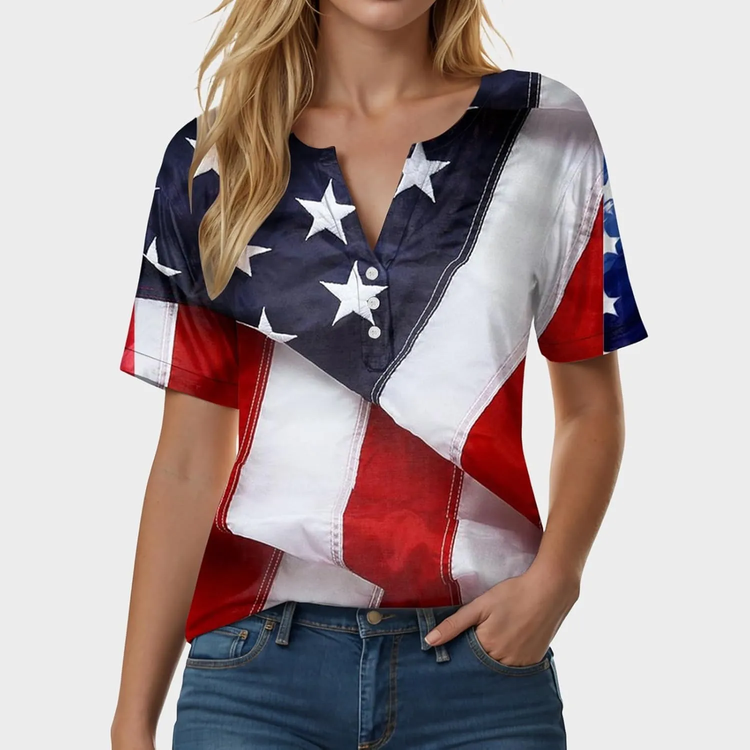 Summer Tops for Women 2025 Henley V Neck Short Sleeve Shirt Button Down Shirt Comfy Blouse Dressy Floral Printed