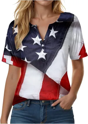 Summer Tops for Women 2025 Henley V Neck Short Sleeve Shirt Button Down Shirt Comfy Blouse Dressy Floral Printed