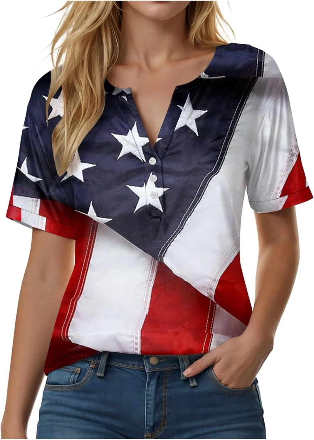 Summer Tops for Women 2025 Henley V Neck Short Sleeve Shirt Button Down Shirt Comfy Blouse Dressy Floral Printed