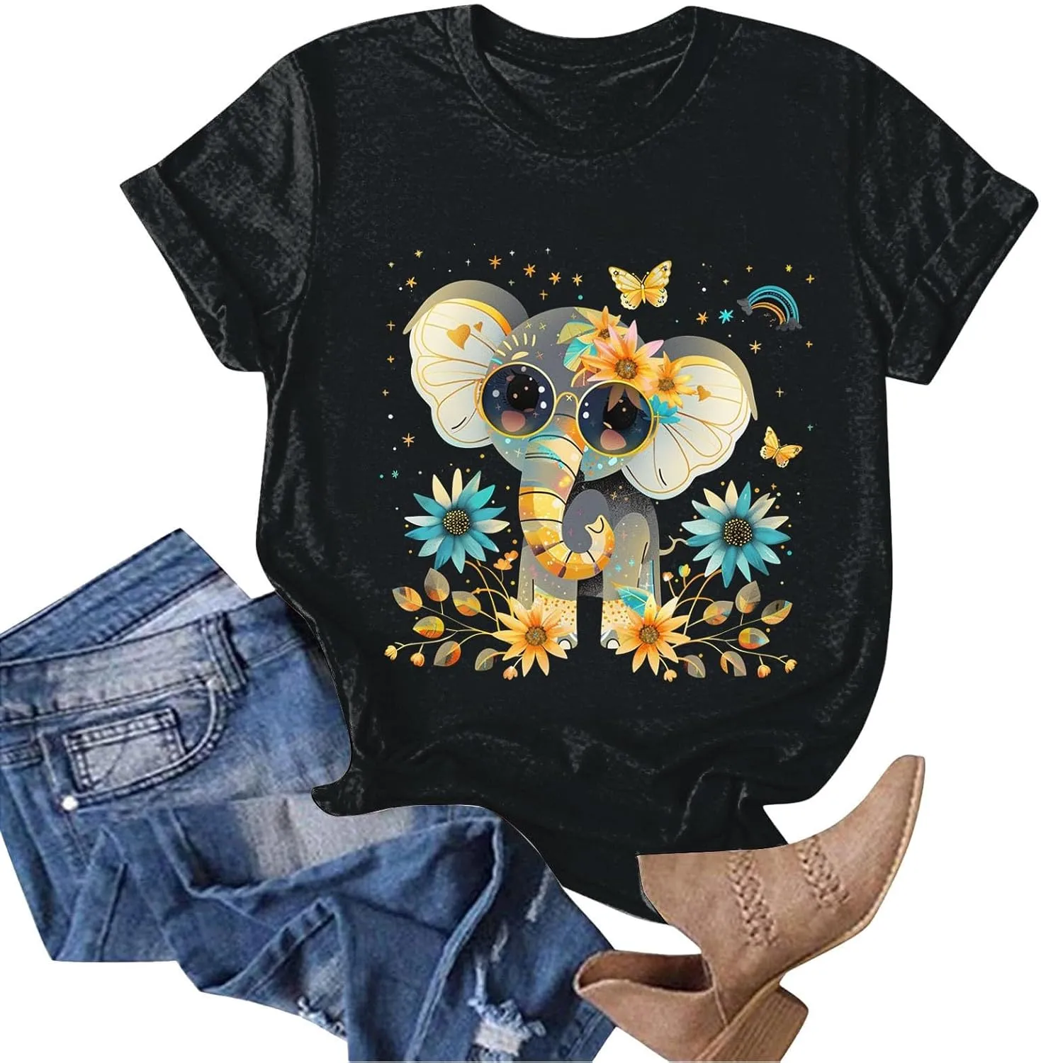 Summer Tops for Women 2025 Short Sleeve Sunflower T-Shirt Cute Funny Graphic Tee Teen Girls Casual Shirt