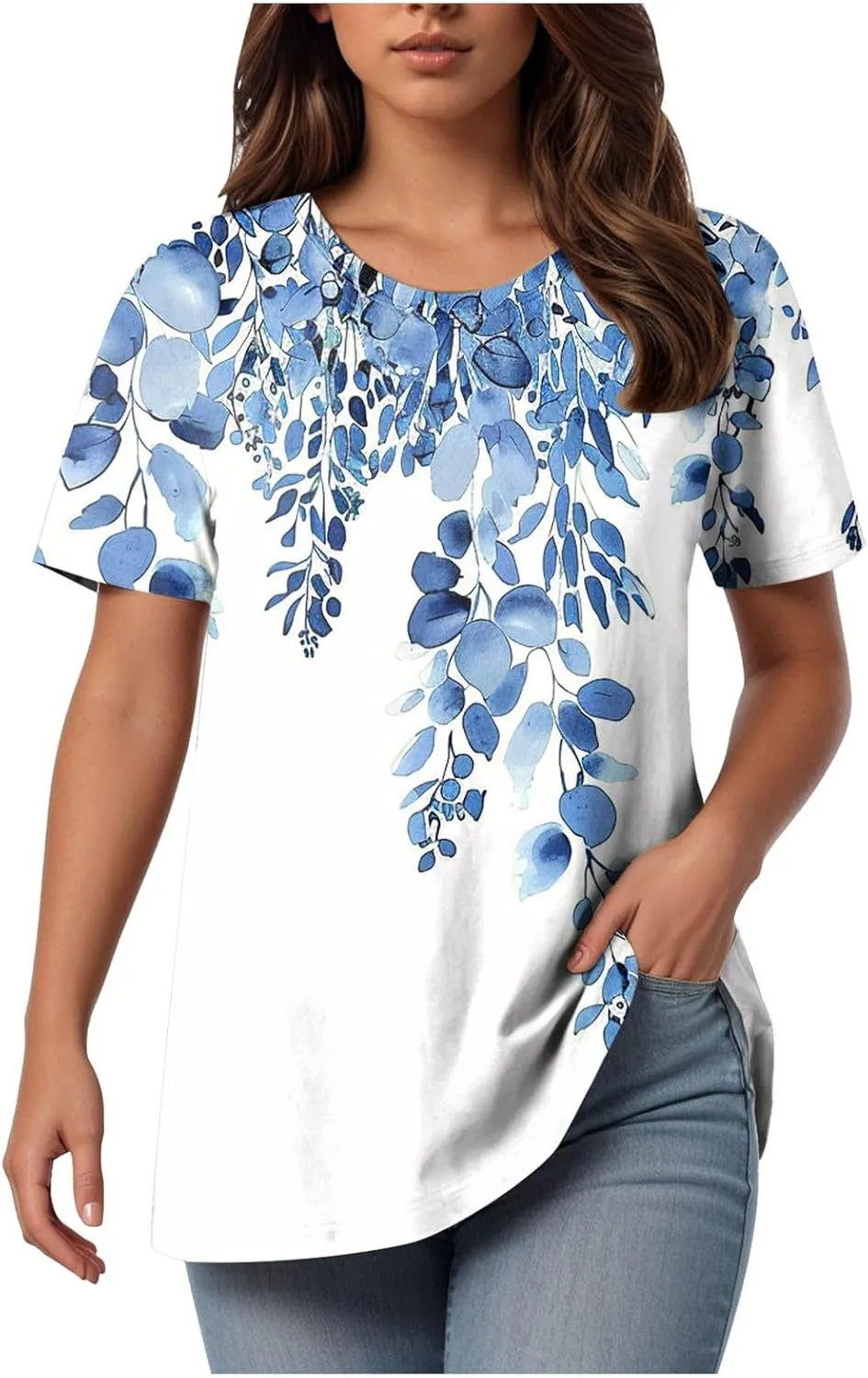 Summer Tops for Women 2025 Trendy Short Sleeve Boho Shirts Retro Floral Plus Size Casual Crewneck Tshirt