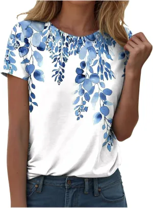 Summer Tops for Women 2025 Trendy Short Sleeve Boho Shirts Retro Floral Plus Size Casual Crewneck Tshirt