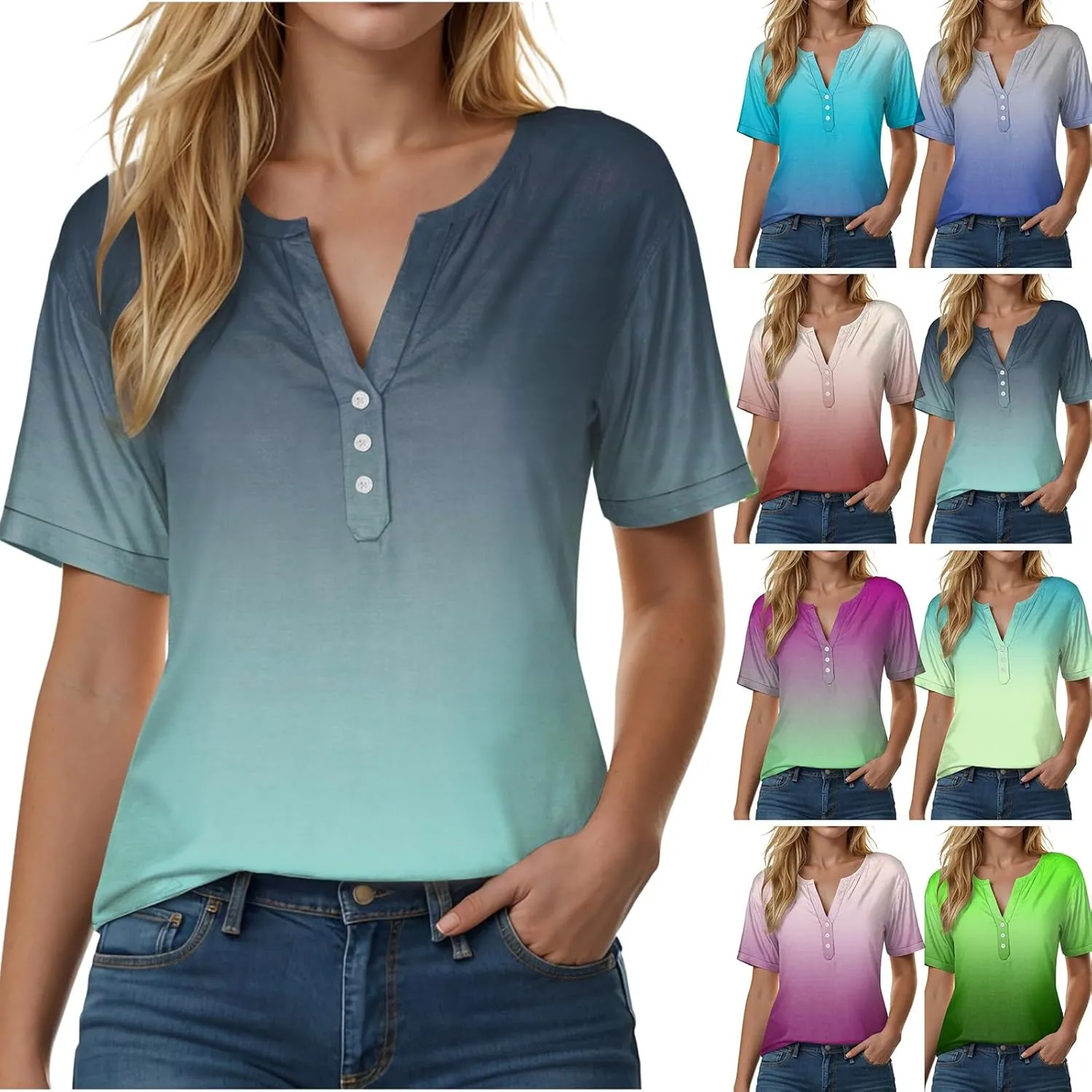 Summer Tops for Women 2025 Trendy Vacation Short Sleeve Button Vneck Shirt Loose Fitted Boho Graphic Tee Fashion