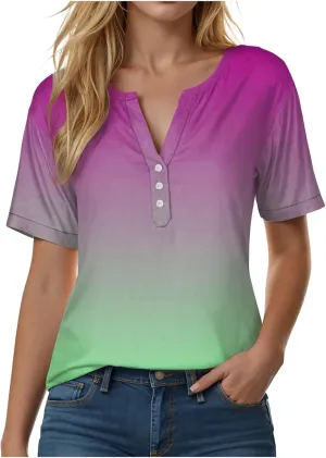 Summer Tops for Women 2025 Trendy Vacation Short Sleeve Button Vneck Shirt Loose Fitted Boho Graphic Tee Fashion
