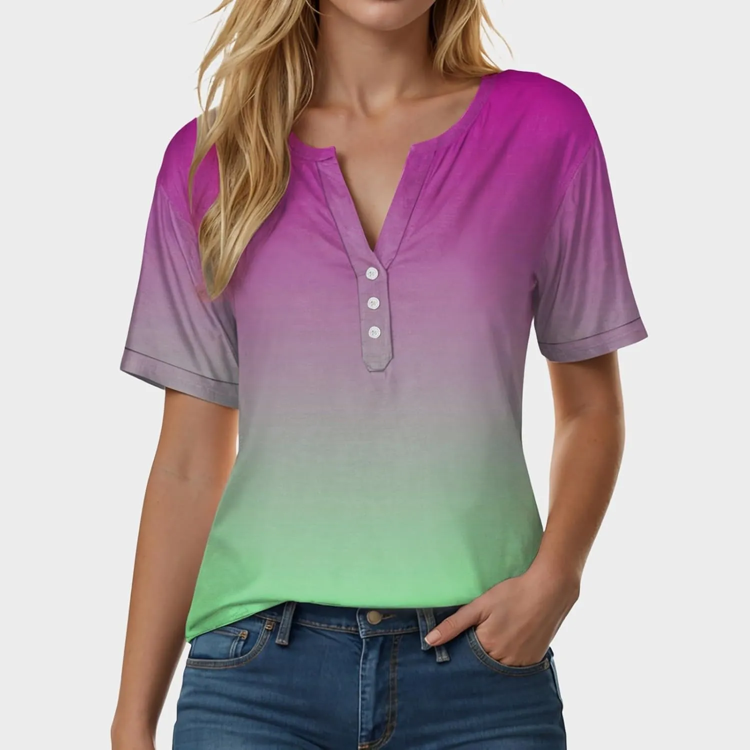 Summer Tops for Women 2025 Trendy Vacation Short Sleeve Button Vneck Shirt Loose Fitted Boho Graphic Tee Fashion