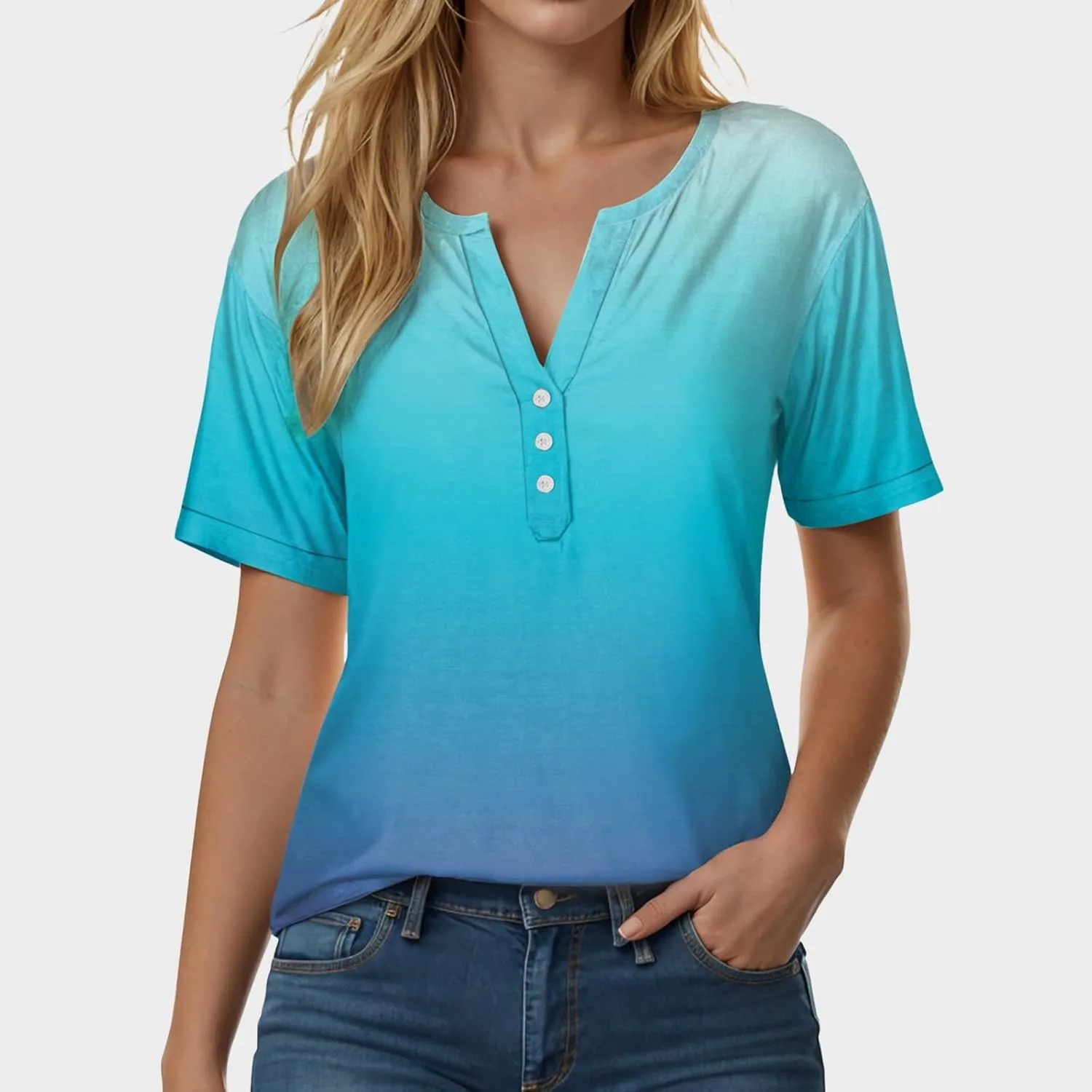 Summer Tops for Women 2025 Trendy Vacation Short Sleeve Button Vneck Shirt Loose Fitted Boho Graphic Tee Fashion