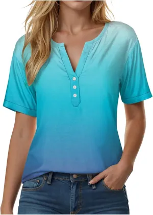 Summer Tops for Women 2025 Trendy Vacation Short Sleeve Button Vneck Shirt Loose Fitted Boho Graphic Tee Fashion
