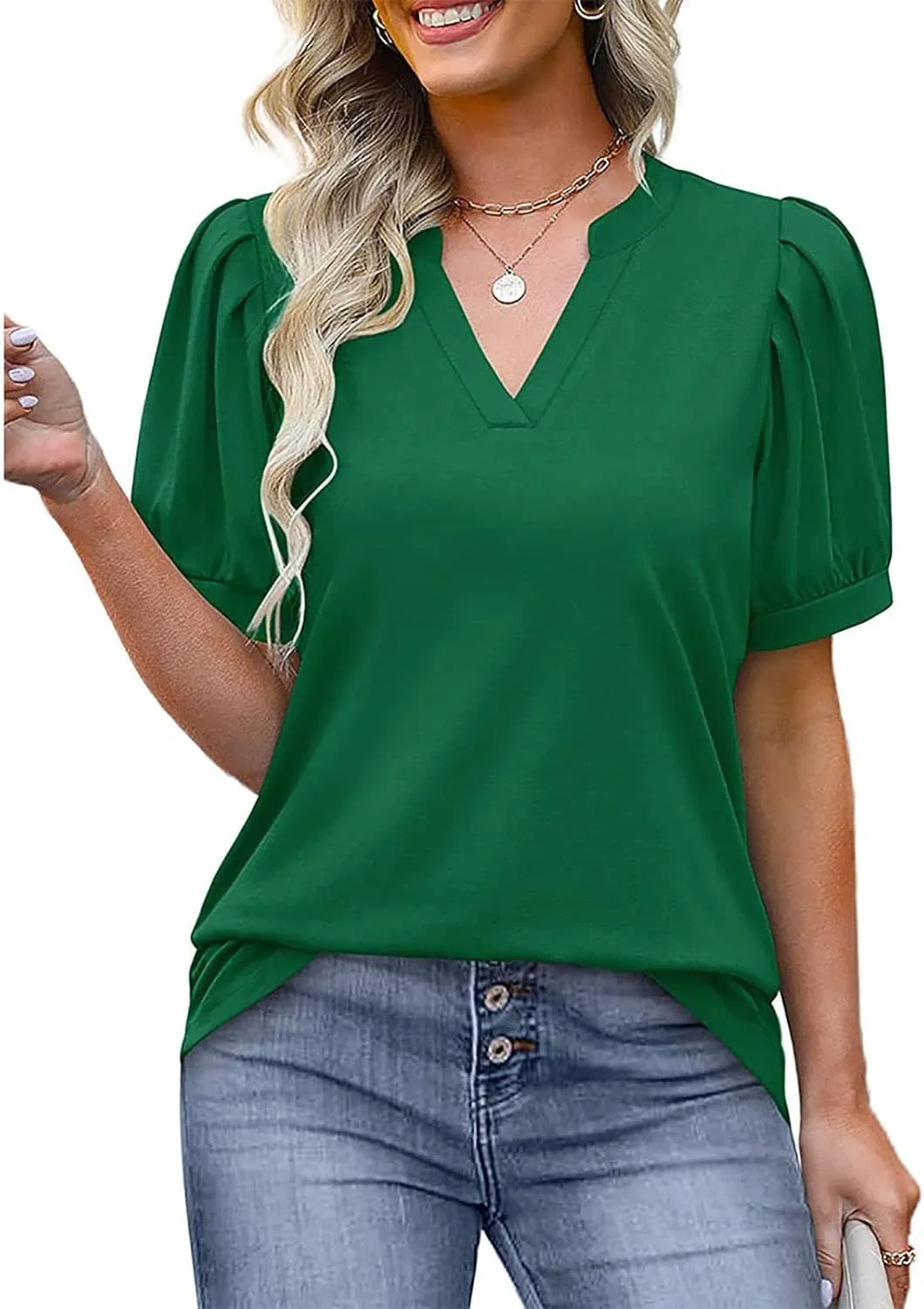 Summer Tops for Women Puff Short Sleeve Tops Dressy Casual V-Neck T-Shirts Cute Blouse for Work