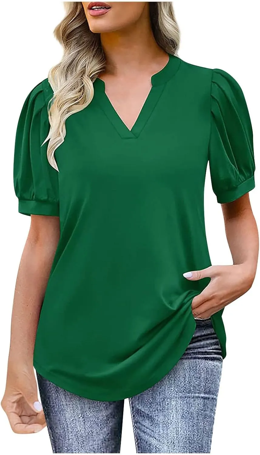 Summer Tops for Women Puff Short Sleeve Tops Dressy Casual V-Neck T-Shirts Cute Blouse for Work