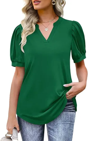 Summer Tops for Women Puff Short Sleeve Tops Dressy Casual V-Neck T-Shirts Cute Blouse for Work