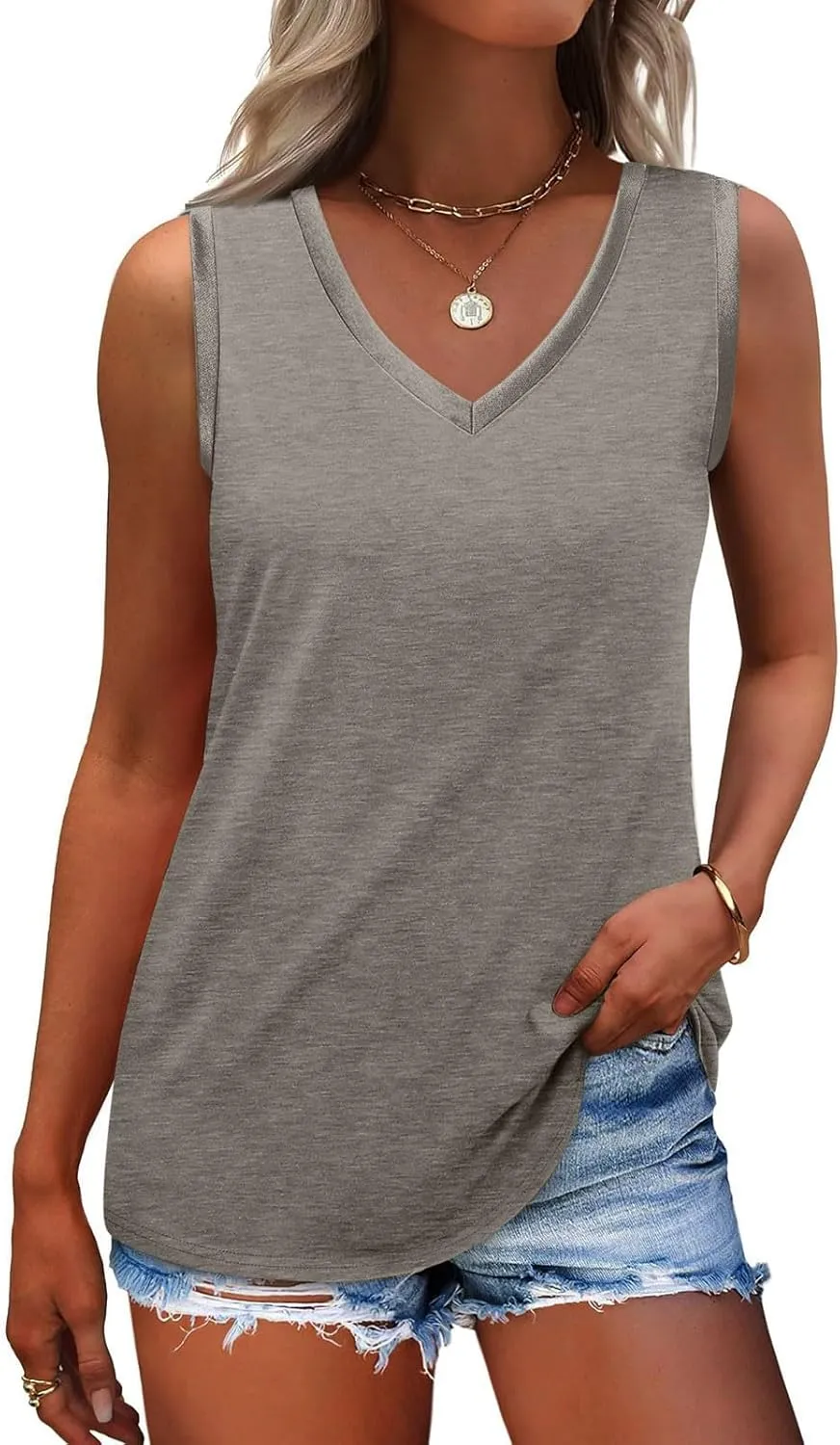 Summer Tops for Women Summer V Neck Tank Top Beach Vacation Clothes Shiny Trim Loose Fit Casual Sleeveless Shirts