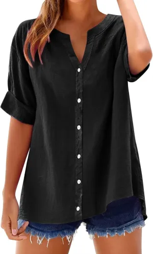 Summer Work Tops for Women Short Sleeve Button Down Casual Office Shirt Top 2025 Trendy Loose Fit V Neck Tunic Shirts