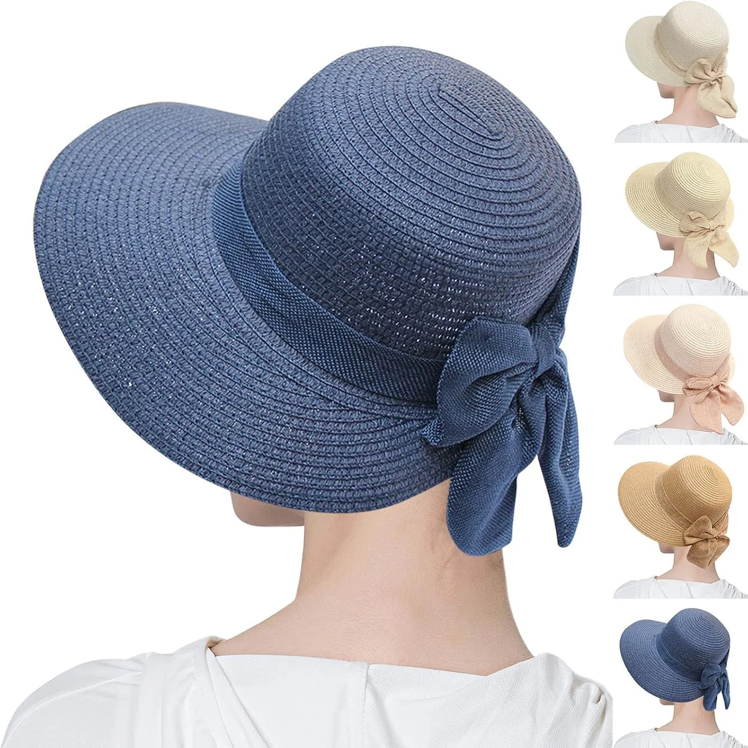Sun Hats for Women Wide Brim Straw Hats with Bowknot Summer Beach Elegant Bucket Hat Bridal Wedding Guest Dress Hats