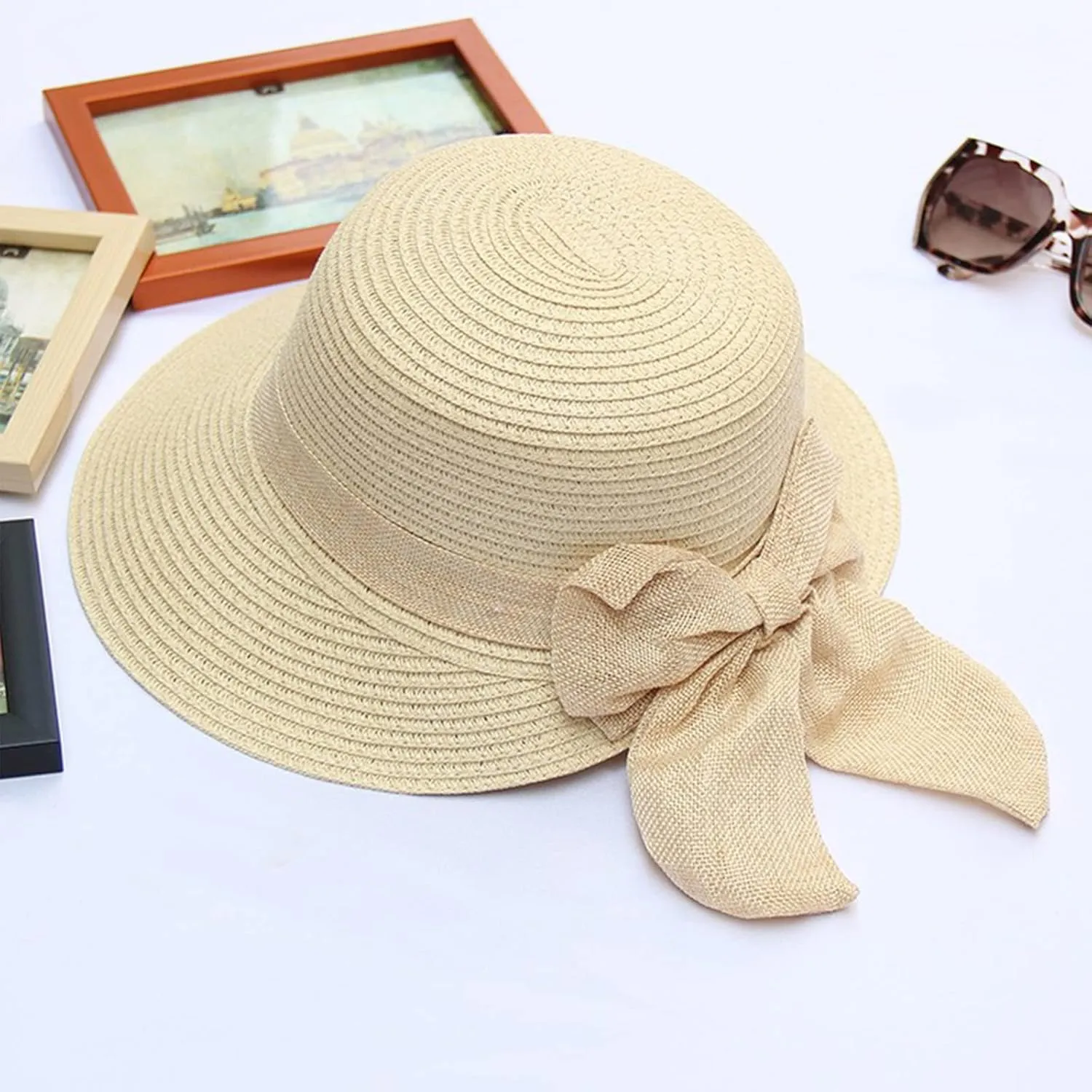 Sun Hats for Women Wide Brim Straw Hats with Bowknot Summer Beach Elegant Bucket Hat Bridal Wedding Guest Dress Hats