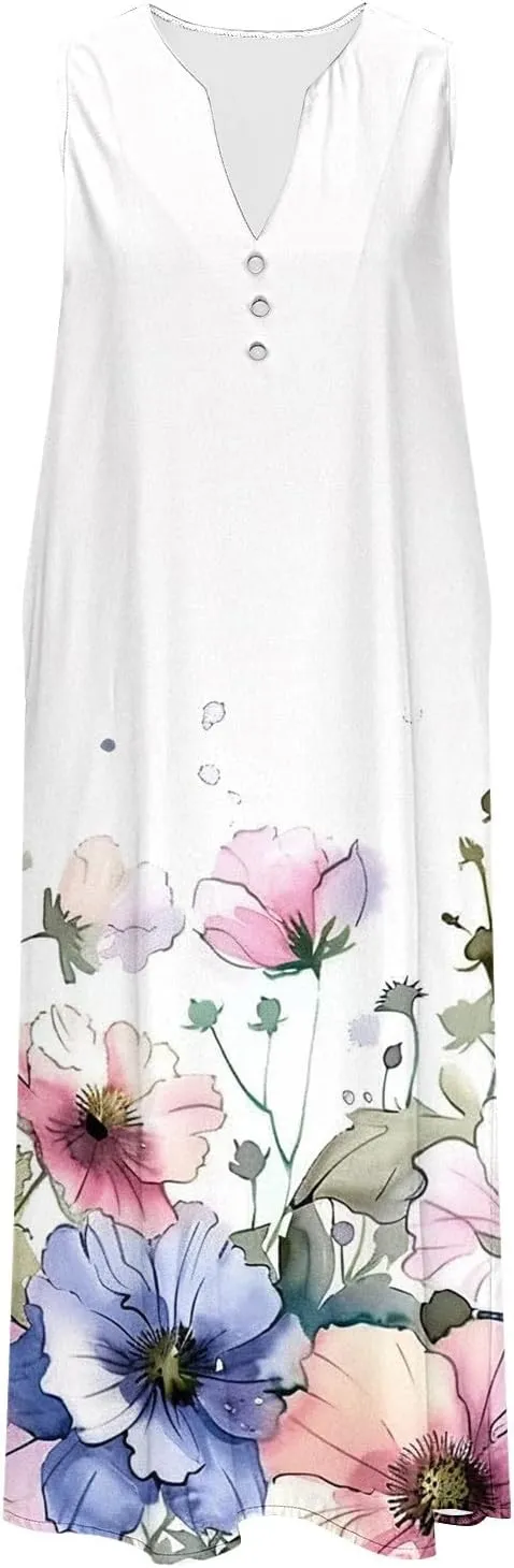Sundress for Women Sleeveless Tank Dresses 2025 Vacation Plus Size Dress Casual Button V Neck Boho Floral Beach Dress