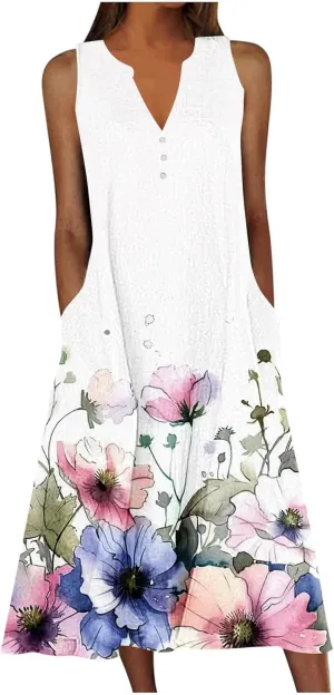Sundress for Women Sleeveless Tank Dresses 2025 Vacation Plus Size Dress Casual Button V Neck Boho Floral Beach Dress