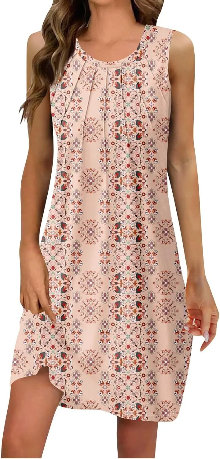 Sundresses for Women A Line Dresses Sleeveless Knee Length Dresses Midi Crewneck Summer Dresses 2025