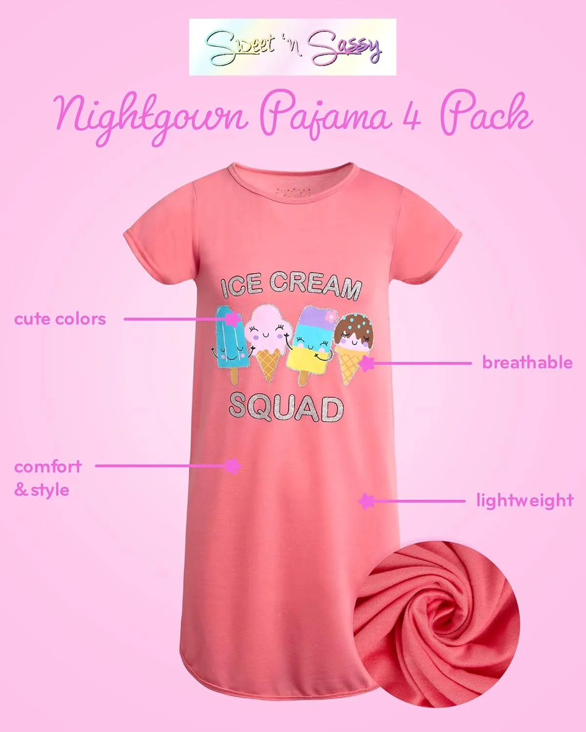 Sweet & Sassy Girls Nightgowns - 4 Pack Short Sleeve Night Gown Sleepwear Pajama Dress for Kids (Size: 4-14)