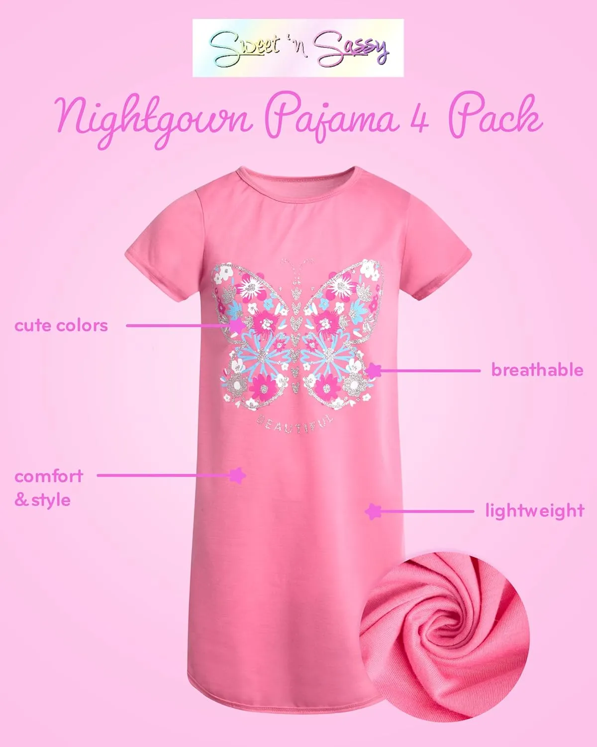 Sweet & Sassy Girls Nightgowns - 4 Pack Short Sleeve Night Gown Sleepwear Pajama Dress for Kids (Size: 4-14)