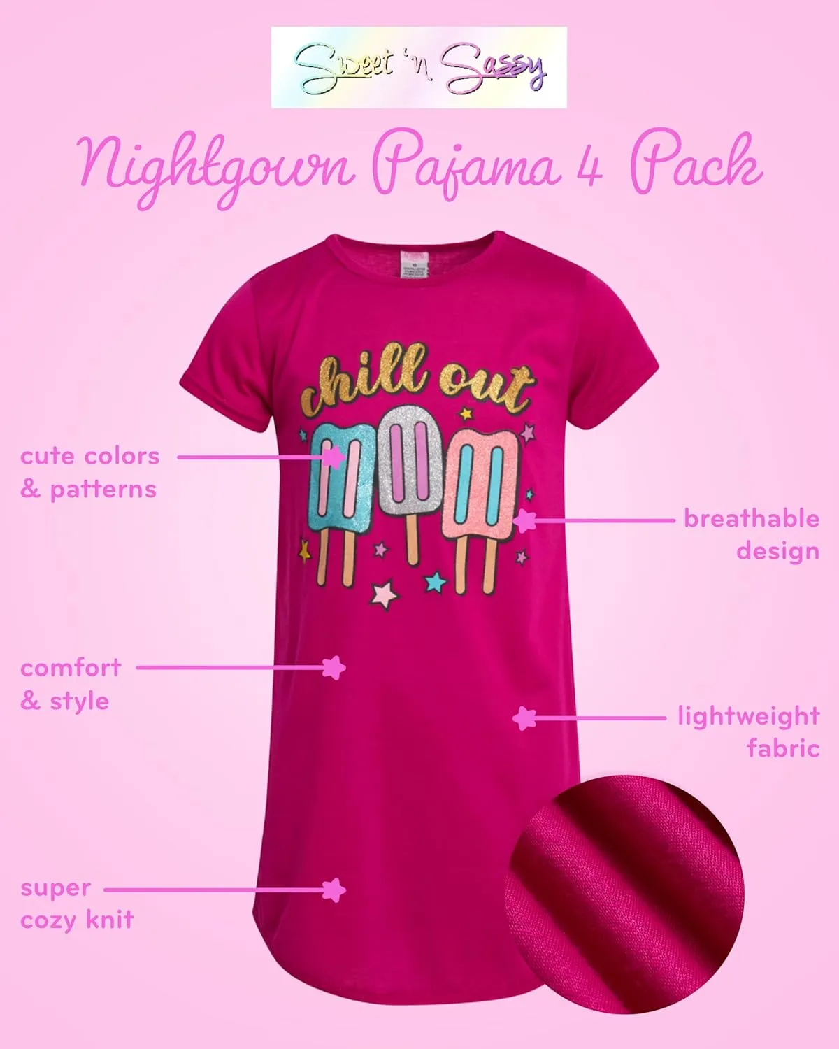 Sweet & Sassy Girls Nightgowns - 4 Pack Short Sleeve Night Gown Sleepwear Pajama Dress for Kids (Size: 4-14)