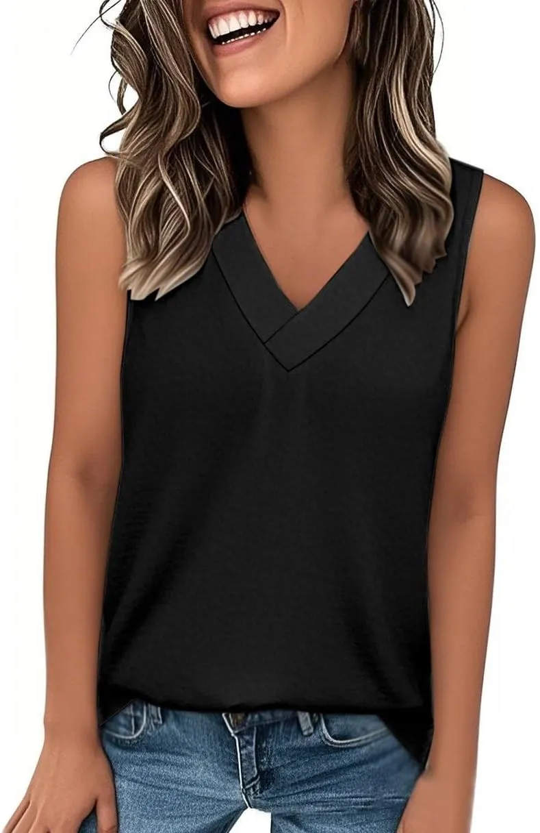Tank Tops for Women Summer V Neck T Shirt Trendy Sleeveless Comfy Tee Shirt Loose Fit Beach Vacation Shirts