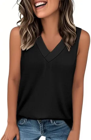 Tank Tops for Women Summer V Neck T Shirt Trendy Sleeveless Comfy Tee Shirt Loose Fit Beach Vacation Shirts