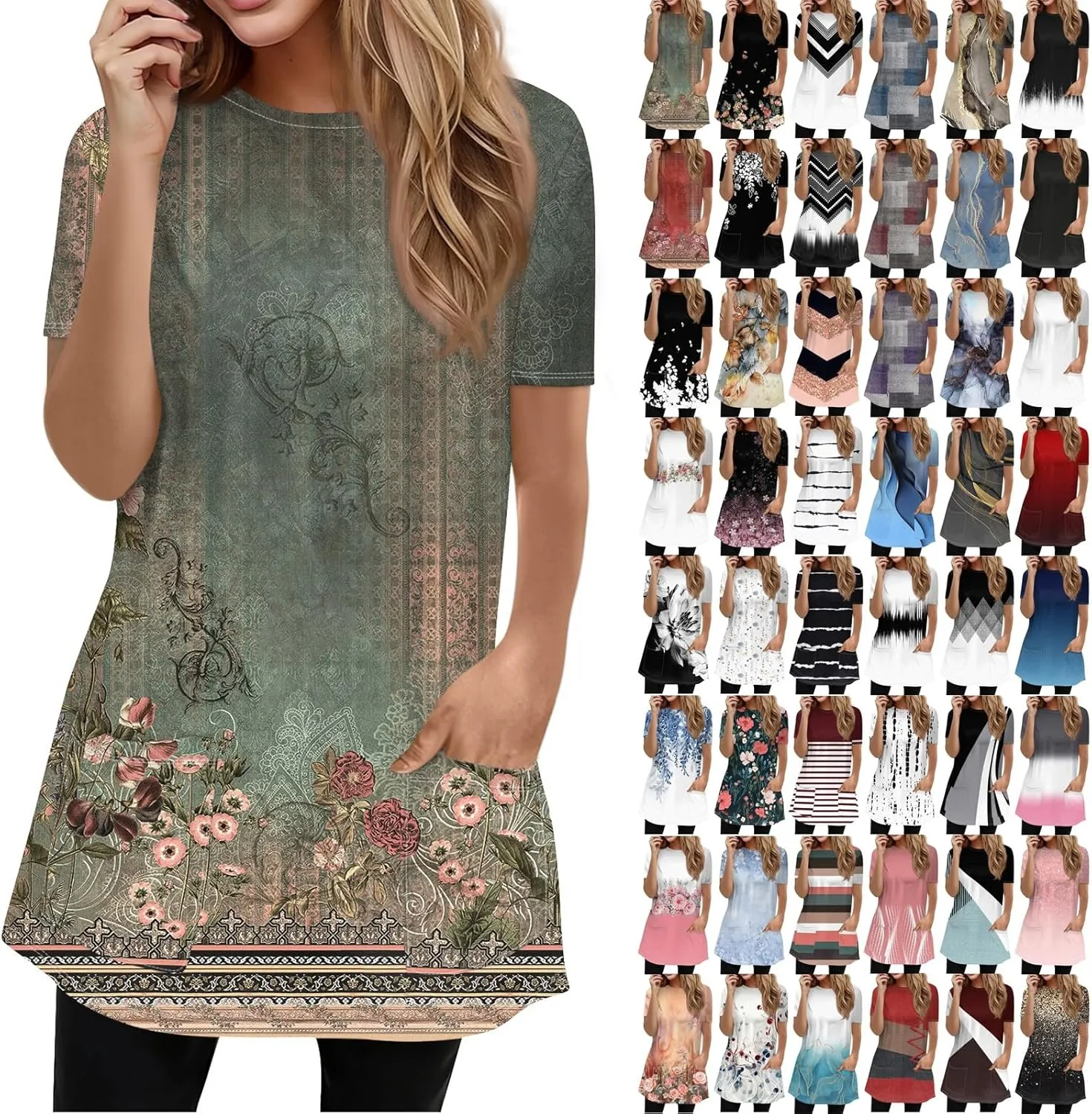 Trendy Short Sleeve Crewneck T Shirts Summer Plus Size Tunics or Tops to Wear with Leggings Casual Floral Blouses