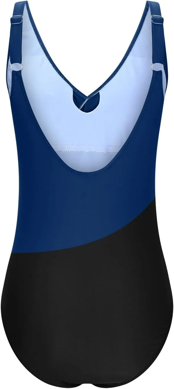 Tummy Control Swimsuits for Women Color Block One Piece Swimsuit Criss Cross V Neck Sexy Wrap Backless Bathing Suit