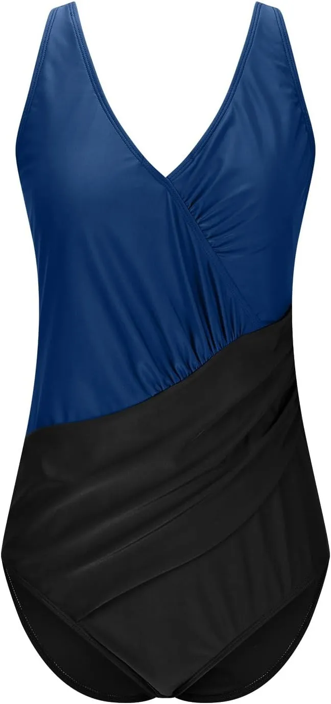 Tummy Control Swimsuits for Women Color Block One Piece Swimsuit Criss Cross V Neck Sexy Wrap Backless Bathing Suit