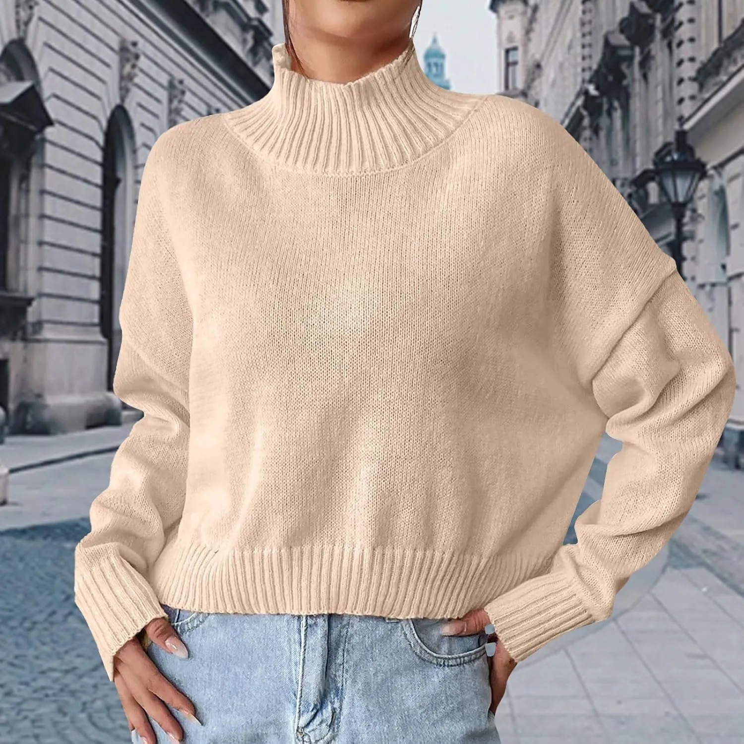 Turtleneck Pullover Tops Oversized Long Sleeve Knitted Pullover Fall Winter Trendy Basic Jumper Tops Crop Sweaters