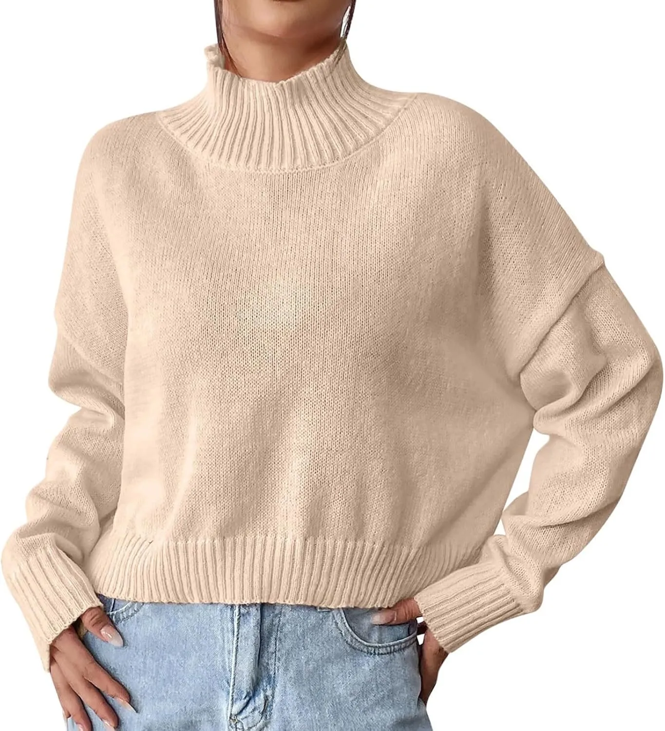 Turtleneck Pullover Tops Oversized Long Sleeve Knitted Pullover Fall Winter Trendy Basic Jumper Tops Crop Sweaters