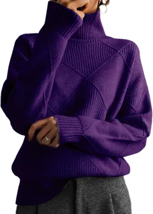 Turtleneck Sweater Women Long Sleeve Cable Knit Sweater Tops Fall Fashion Solid Color Oversized Pullover Tops