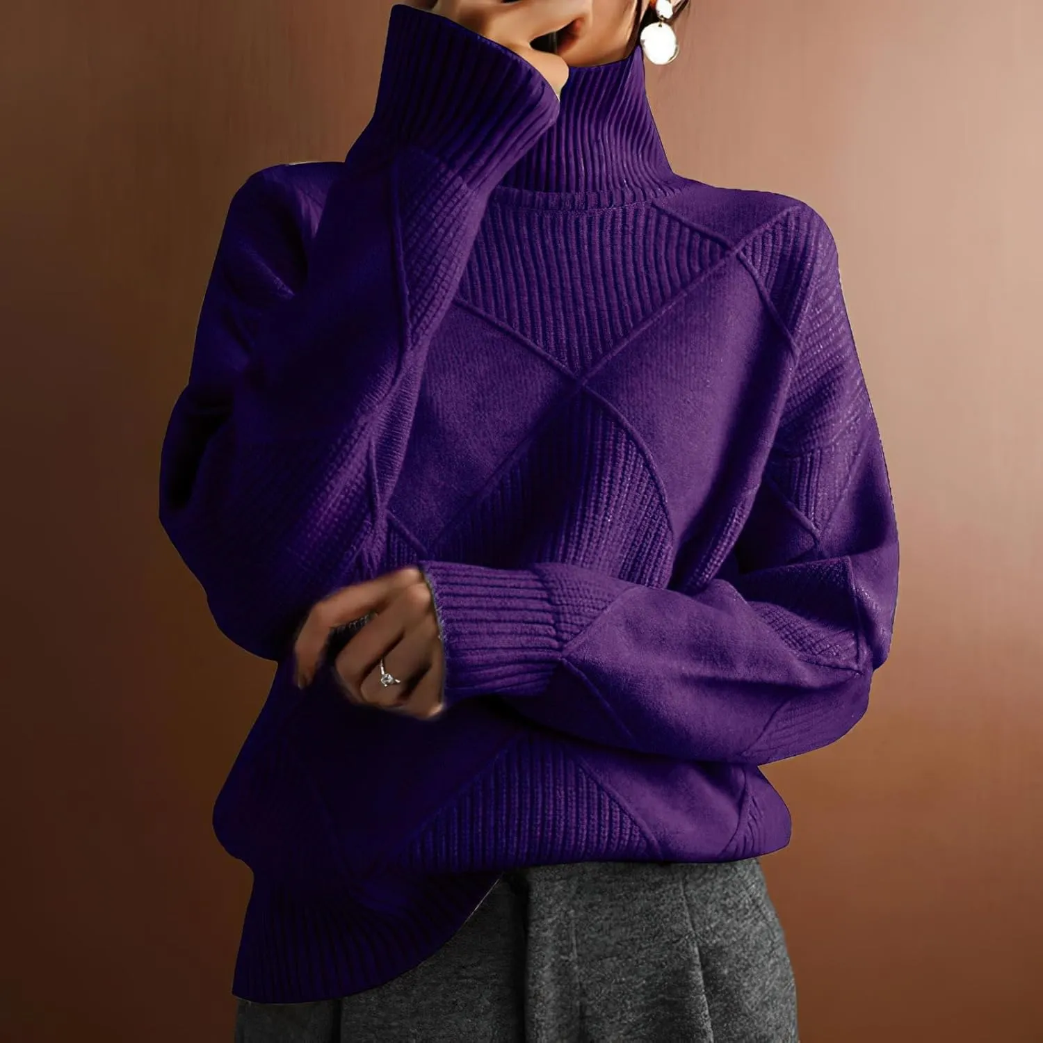 Turtleneck Sweater Women Long Sleeve Cable Knit Sweater Tops Fall Fashion Solid Color Oversized Pullover Tops