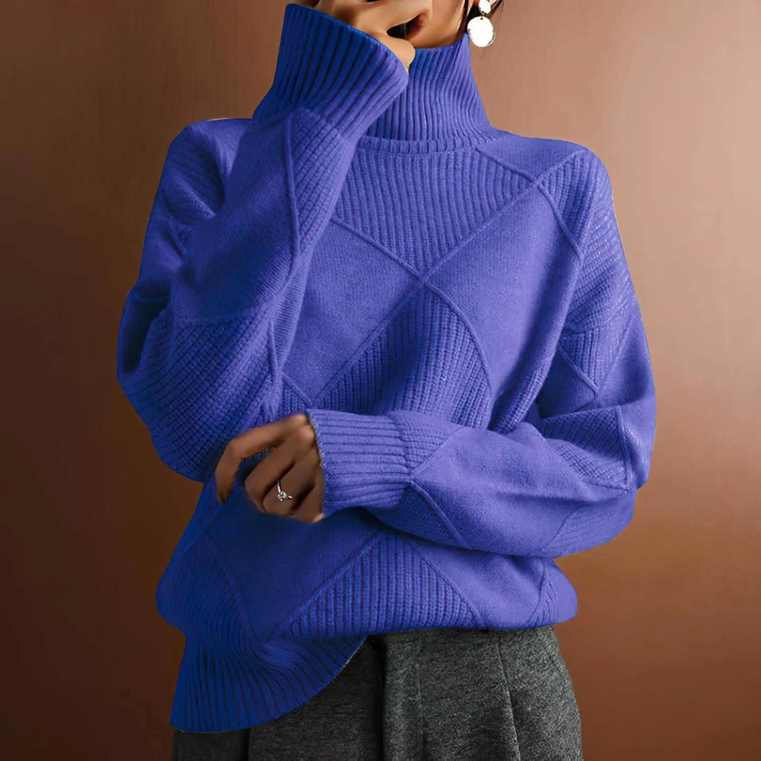 Turtleneck Sweater Women Long Sleeve Cable Knit Sweater Tops Fall Fashion Solid Color Oversized Pullover Tops