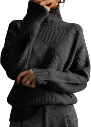 Turtleneck Sweater Women Long Sleeve Cable Knit Sweater Tops Fall Fashion Solid Color Oversized Pullover Tops