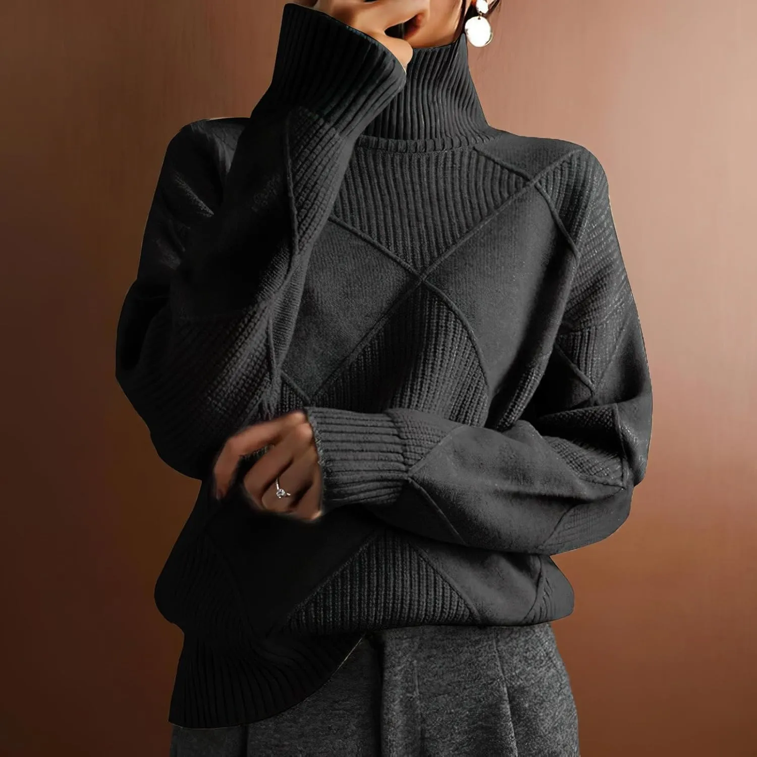 Turtleneck Sweater Women Long Sleeve Cable Knit Sweater Tops Fall Fashion Solid Color Oversized Pullover Tops