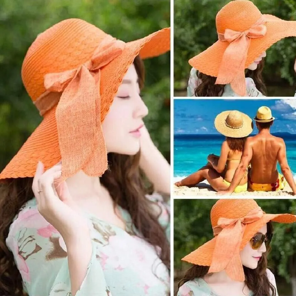 Wide Brim Sun Hats for Women Solid Summer Straw Bucket Hats with Bowknot Casual Beach Seaside Holiday Hats