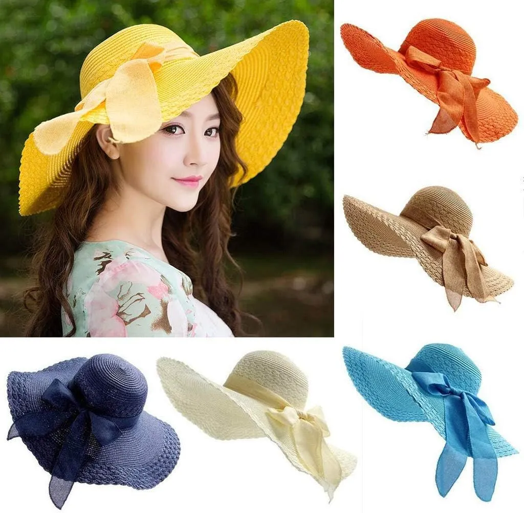 Wide Brim Sun Hats for Women Solid Summer Straw Bucket Hats with Bowknot Casual Beach Seaside Holiday Hats