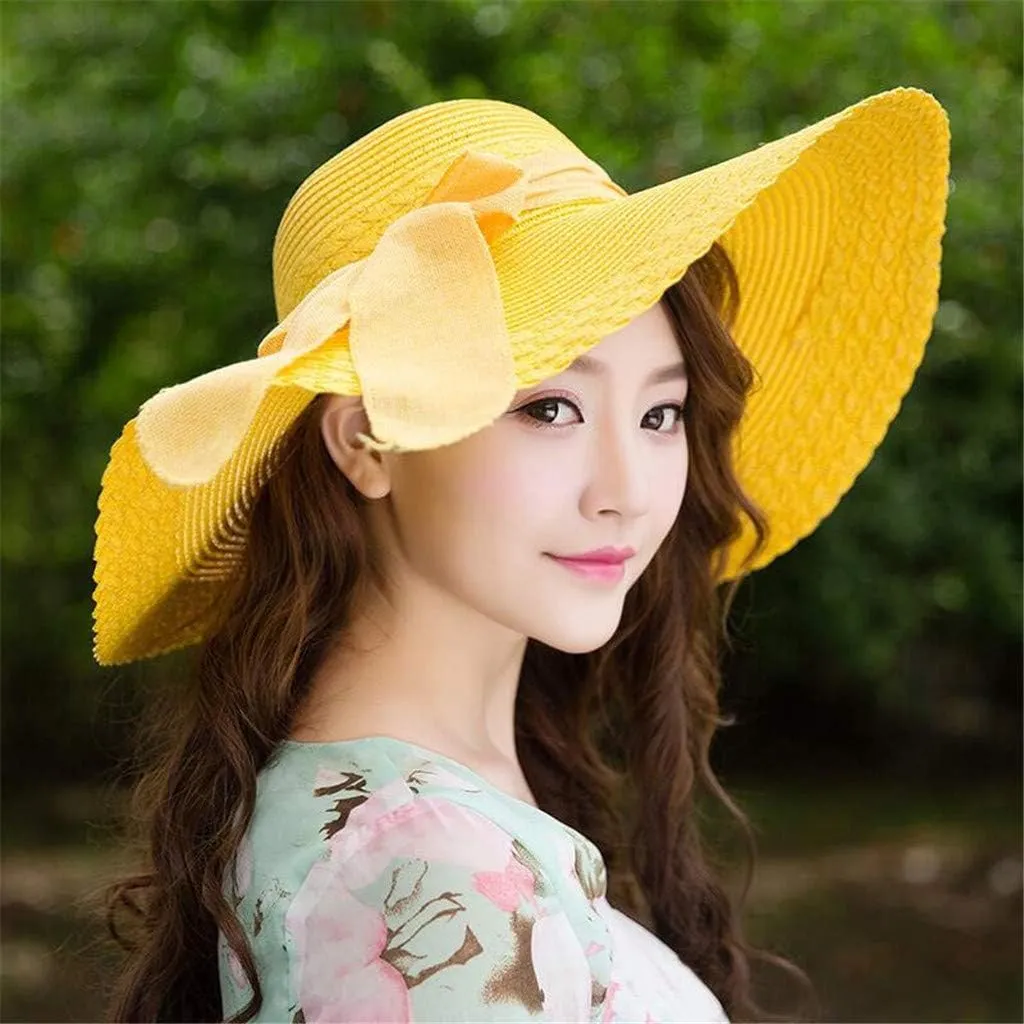 Wide Brim Sun Hats for Women Solid Summer Straw Bucket Hats with Bowknot Casual Beach Seaside Holiday Hats