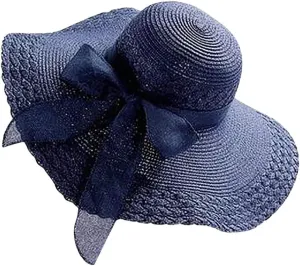Wide Brim Sun Hats for Women Solid Summer Straw Bucket Hats with Bowknot Casual Beach Seaside Holiday Hats