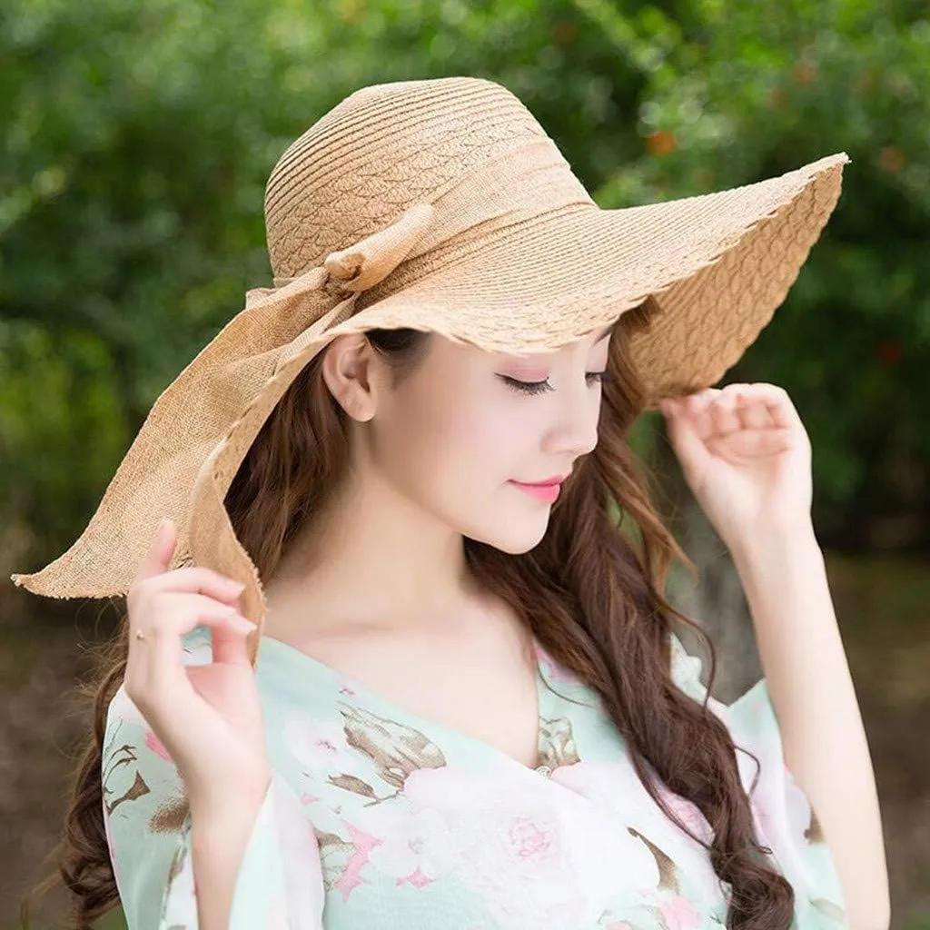 Wide Brim Sun Hats for Women Solid Summer Straw Bucket Hats with Bowknot Casual Beach Seaside Holiday Hats