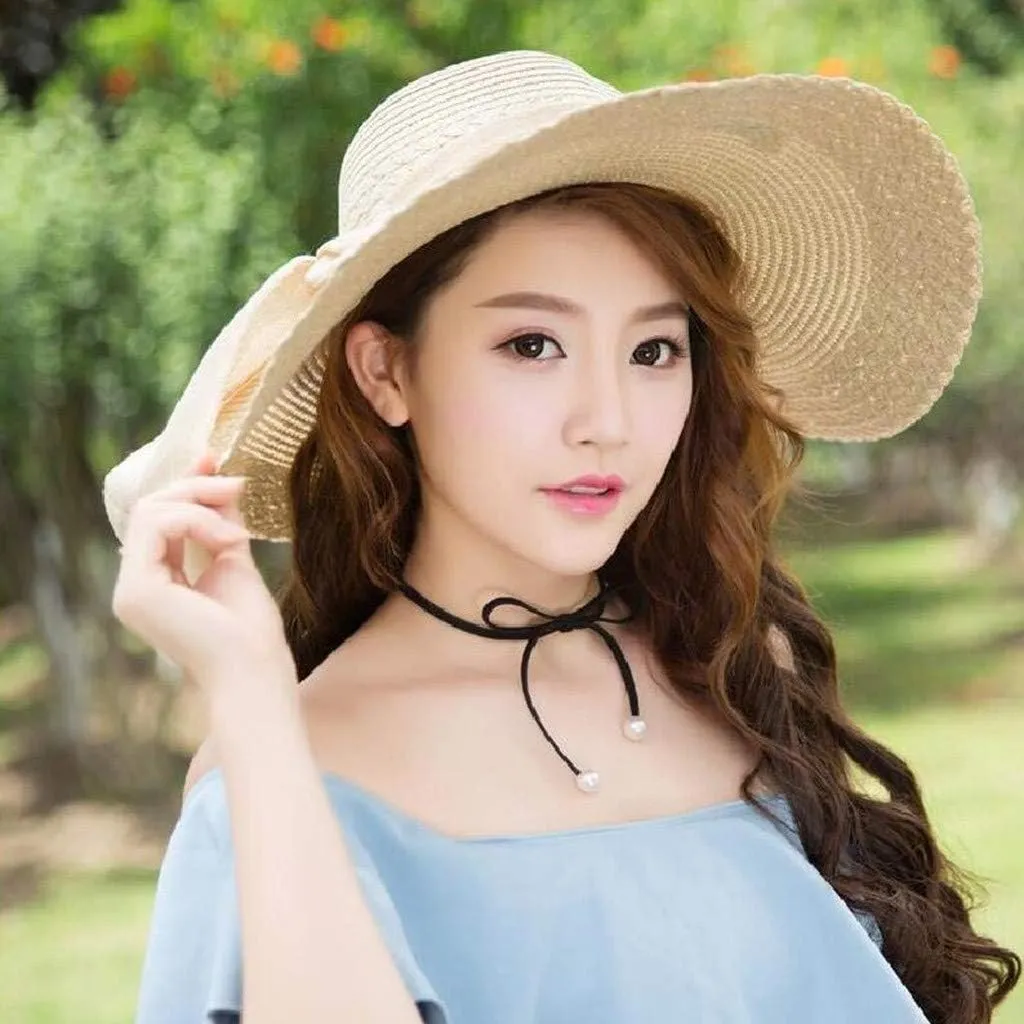 Wide Brim Sun Hats for Women Solid Summer Straw Bucket Hats with Bowknot Casual Beach Seaside Holiday Hats