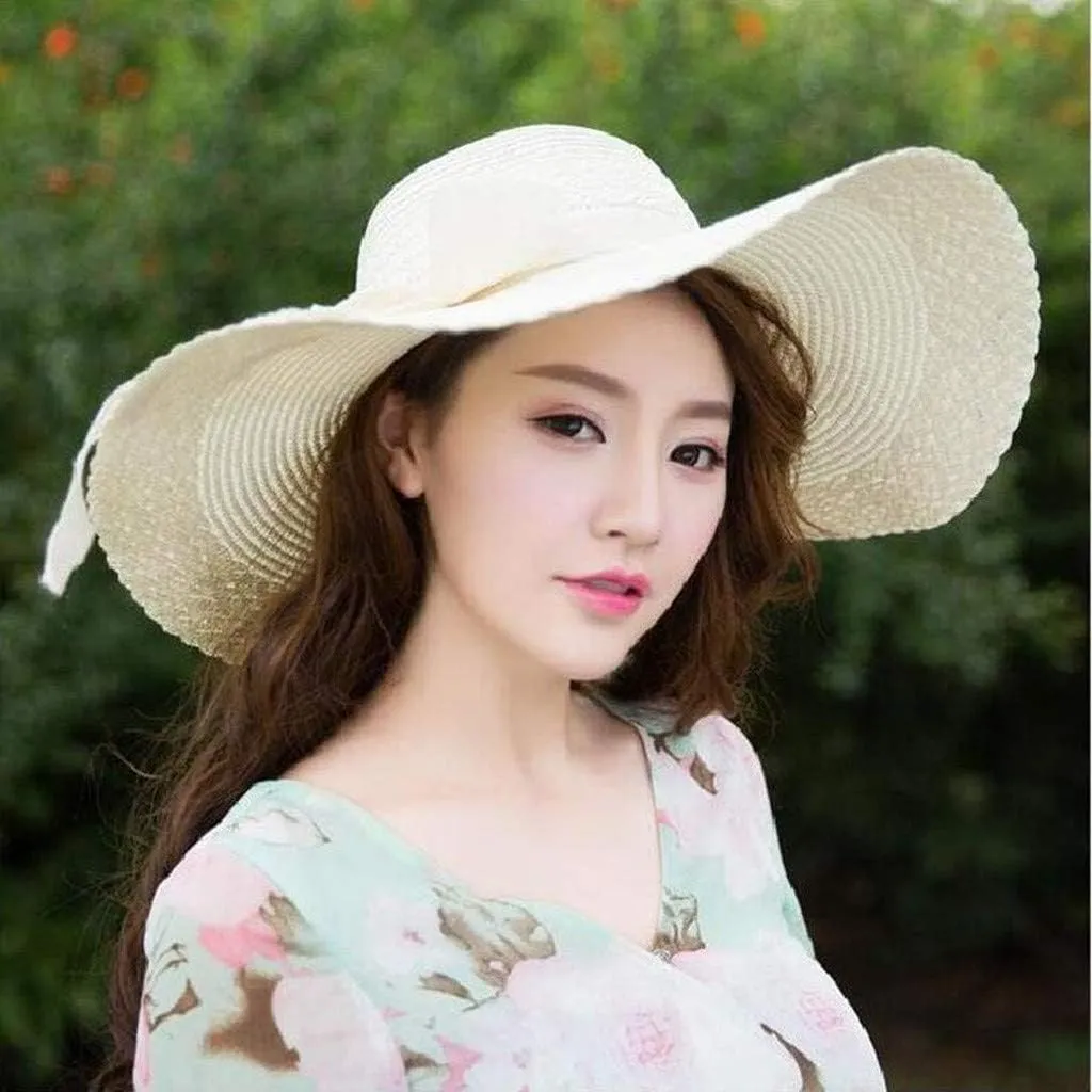 Wide Brim Sun Hats for Women Solid Summer Straw Bucket Hats with Bowknot Casual Beach Seaside Holiday Hats
