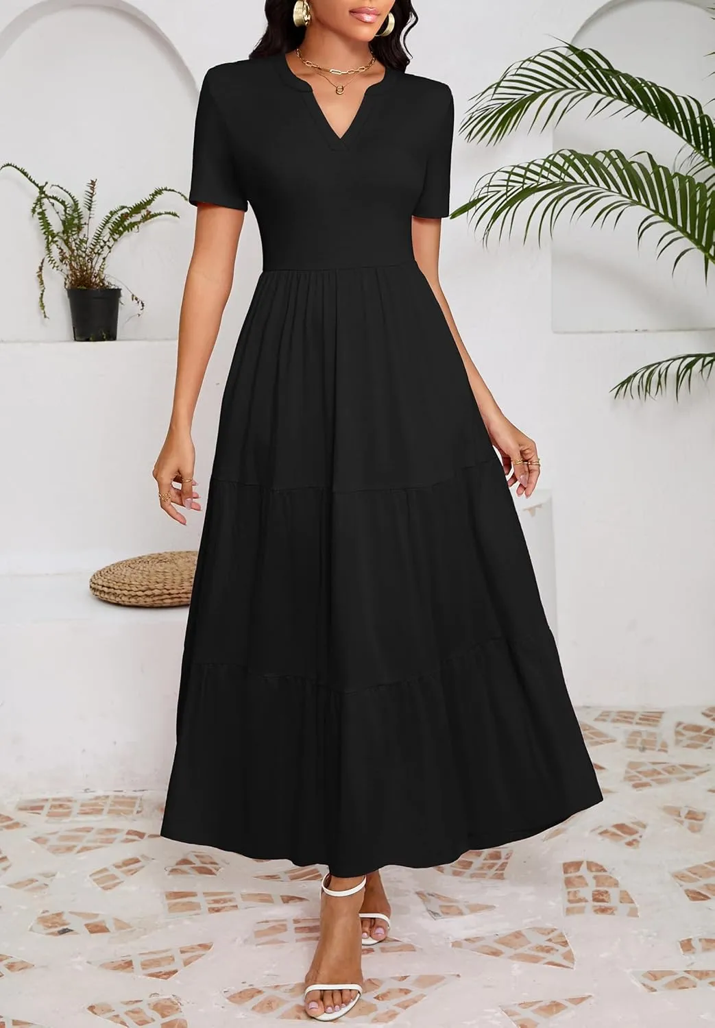 Women 2025 Casual Loose Maxi Dress with Pockets V Neck Short Sleeve Tiered Long Summer Beach Swing Dresses