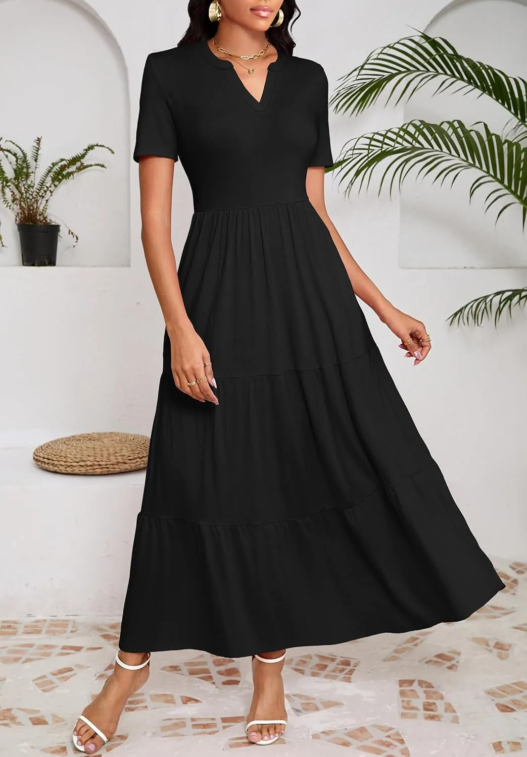 Women 2025 Casual Loose Maxi Dress with Pockets V Neck Short Sleeve Tiered Long Summer Beach Swing Dresses