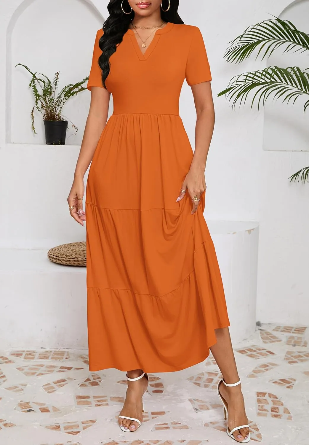 Women 2025 Casual Loose Maxi Dress with Pockets V Neck Short Sleeve Tiered Long Summer Beach Swing Dresses