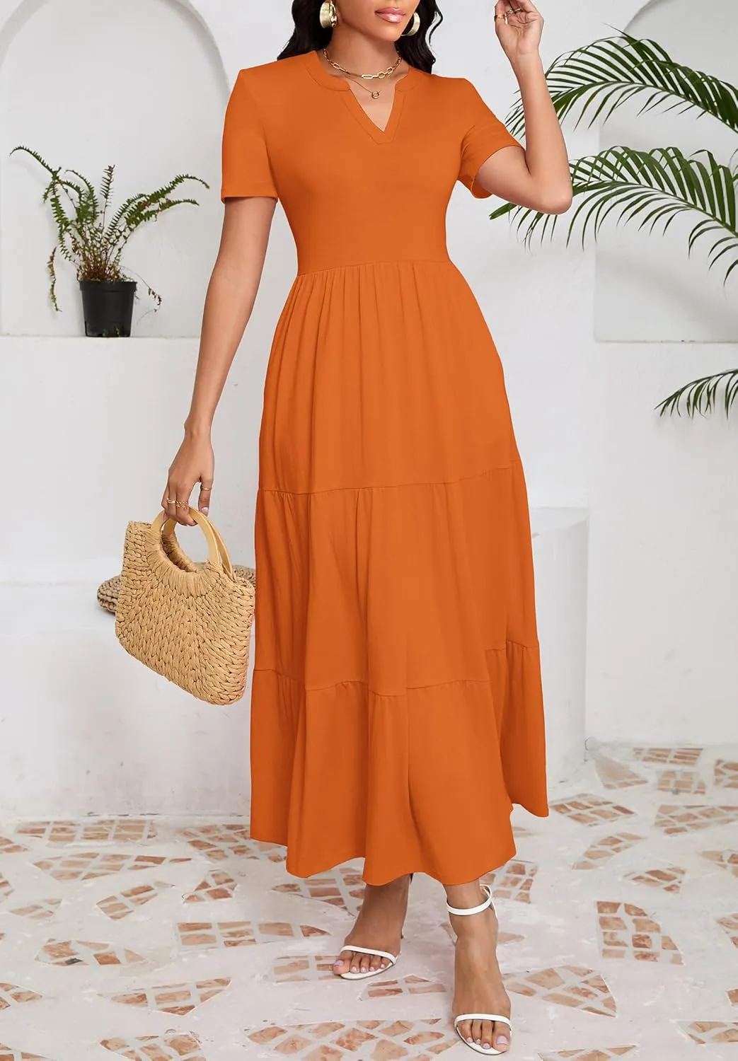 Women 2025 Casual Loose Maxi Dress with Pockets V Neck Short Sleeve Tiered Long Summer Beach Swing Dresses