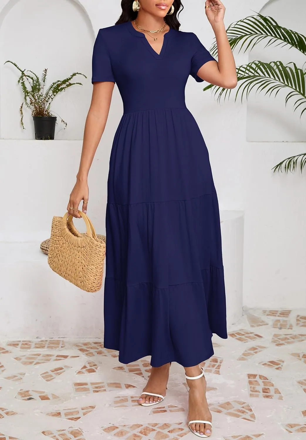 Women 2025 Casual Loose Maxi Dress with Pockets V Neck Short Sleeve Tiered Long Summer Beach Swing Dresses